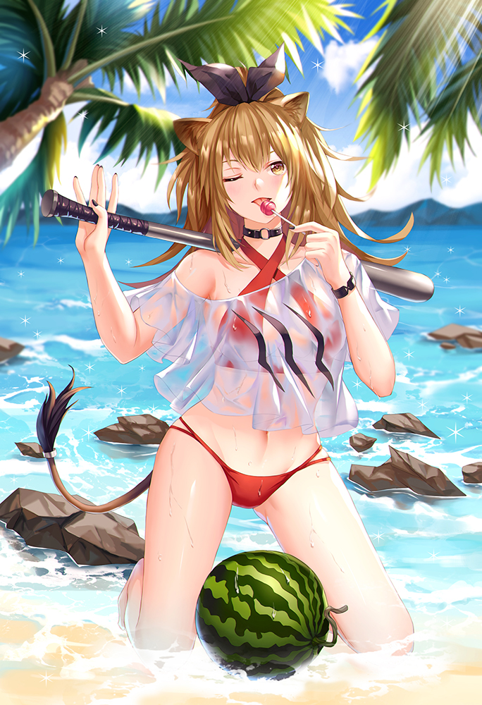 1girl animal_ears arknights bangs bare_shoulders baseball_bat beach bikini bikini_under_clothes black_choker black_nails black_ribbon blue_sky brown_eyes brown_hair candy chinese_commentary choker clouds commentary_request criss-cross_halter crop_top crop_top_overhang day food fruit hair_ribbon halterneck hands_up holding holding_baseball_bat holding_food kneeling lion_ears lion_tail lollipop long_hair looking_at_viewer nail_polish navel ocean off-shoulder_shirt off_shoulder one_eye_closed red_bikini ribbon rock ryuu32 see-through shirt short_sleeves siege_(arknights) sky solo stomach swimsuit tail thighs tongue tongue_out water watermelon wet wet_clothes wet_shirt