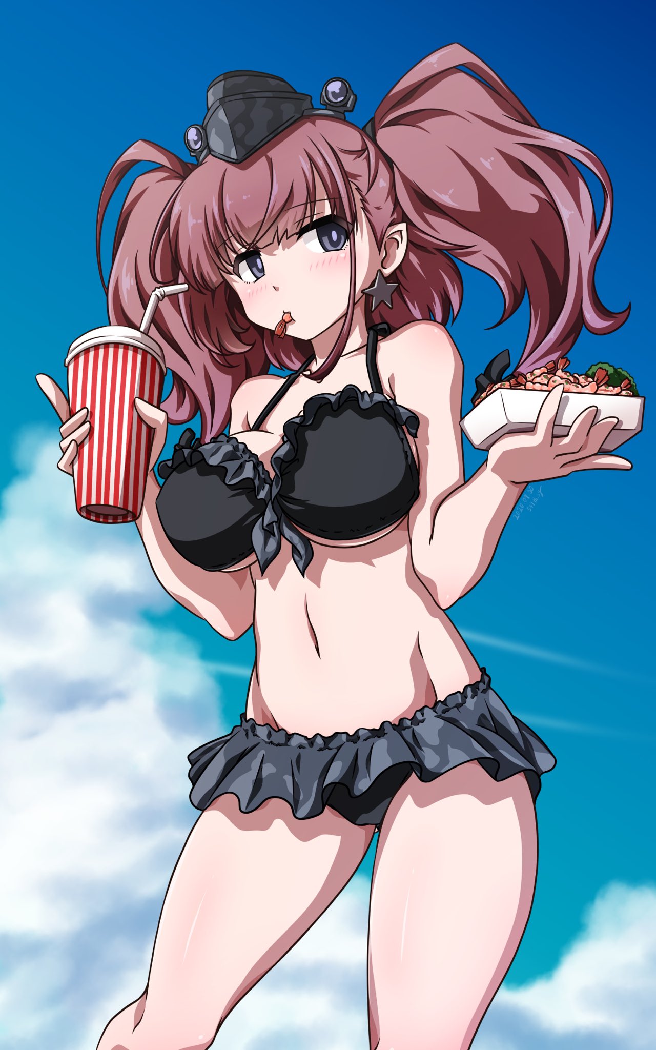 1girl 547th_sy atlanta_(kantai_collection) bikini bikini_skirt black_bikini black_headwear blue_sky breasts brown_hair clouds commentary_request day drinking_straw earrings feet_out_of_frame food frilled_bikini frills garrison_cap grey_eyes hat highres jewelry kantai_collection large_breasts leaning_forward long_hair outdoors shrimp sky solo standing star_(symbol) star_earrings swimsuit tumbler two_side_up