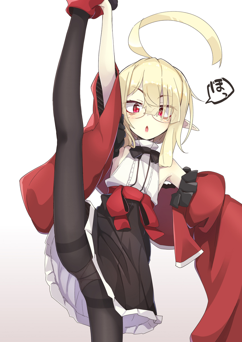 1girl ahoge black_legwear blonde_hair commentary detached_sleeves eyebrows_visible_through_hair glasses highres holding_leg leg_up looking_at_viewer ogami_kazuki original panties panties_under_pantyhose pantyhose red_eyes simple_background sleeveless solo spread_legs standing standing_on_one_leg translated underwear wide_sleeves