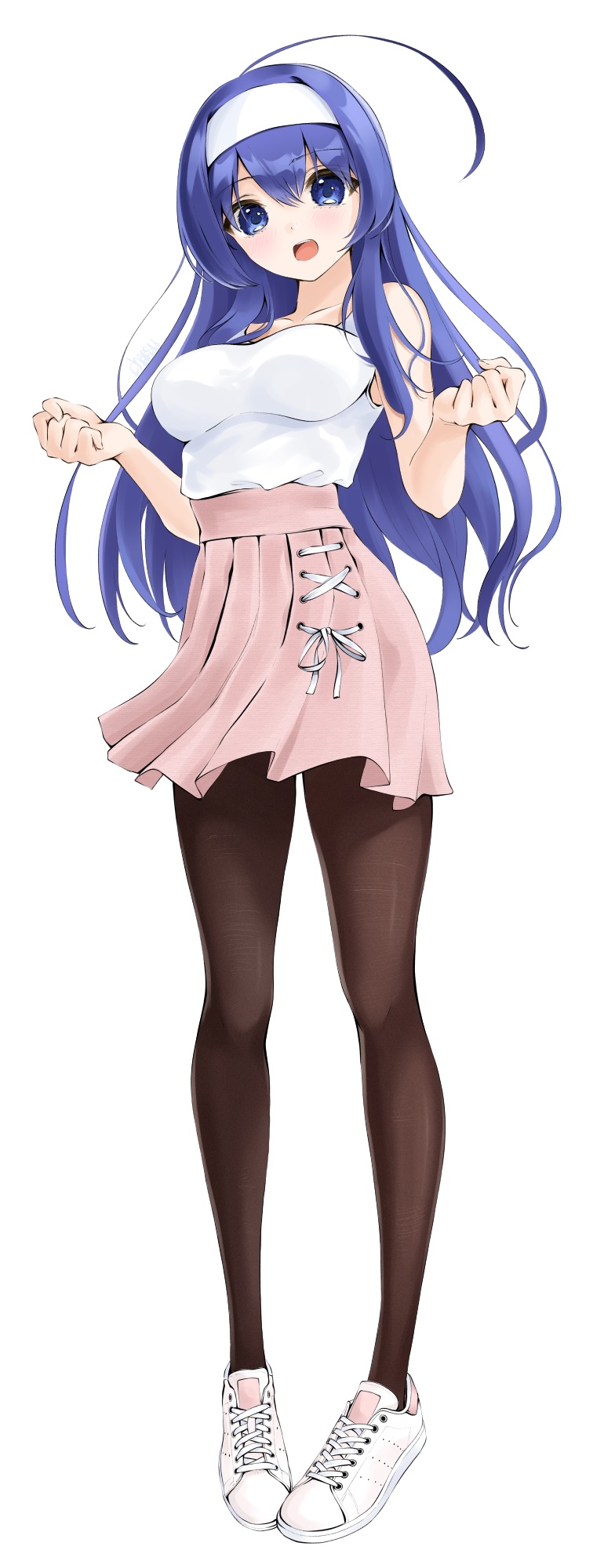 1girl ahoge bangs blue_eyes blue_hair blush breasts brown_legwear casual chaesu clenched_hands hair_between_eyes hairband high-waist_skirt highres huge_ahoge long_hair looking_at_viewer medium_breasts orie_(under_night_in-birth) pantyhose pink_skirt pleated_skirt shirt_tucked_in shoes skirt smile sneakers solo tank_top under_night_in-birth white_background white_footwear white_hairband white_tank_top