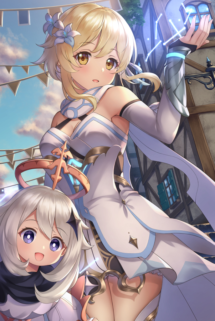 2girls bare_shoulders blonde_hair blue_eyes dress female_traveler_(genshin_impact) genshin_impact looking_at_viewer multiple_girls open_mouth paimon_(genshin_impact) smile town vambraces white_dress white_hair yellow_eyes yuririn_poi