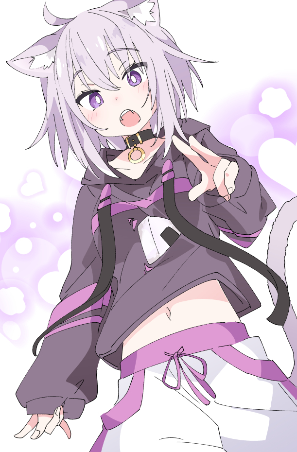 1girl animal_ears black_choker black_jacket cat_ears cat_tail choker eyebrows_visible_through_hair hair_between_eyes hololive ixy jacket long_sleeves looking_at_viewer midriff navel nekomata_okayu open_mouth purple_hair short_hair solo tail violet_eyes virtual_youtuber