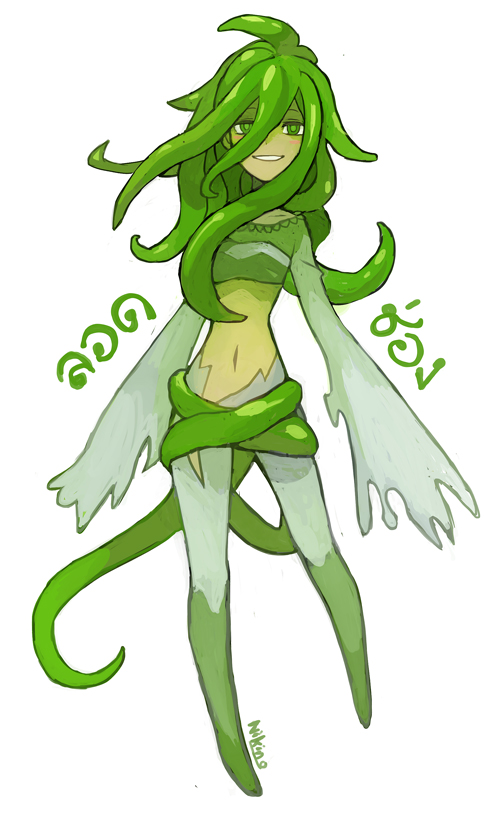 blush_stickers commentary english_commentary full_body green_eyes green_hair green_skin lod_chong_(food) long_hair long_sleeves looking_at_viewer monster_girl navel niking no_feet original personification plant_girl signature simple_background sleeves_past_fingers sleeves_past_wrists smile thai_text translation_request white_background