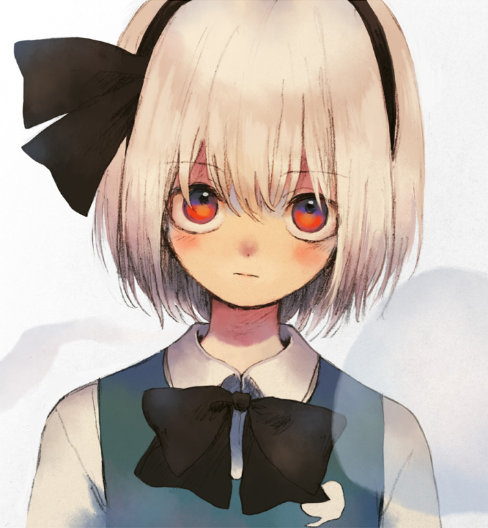 1girl black_bow black_hairband black_neckwear blue_vest blush bow bowtie closed_mouth collared_shirt grey_hair hair_bow hairband ka_(marukogedago) konpaku_youmu konpaku_youmu_(ghost) looking_at_viewer red_eyes shirt solo touhou vest white_shirt wing_collar