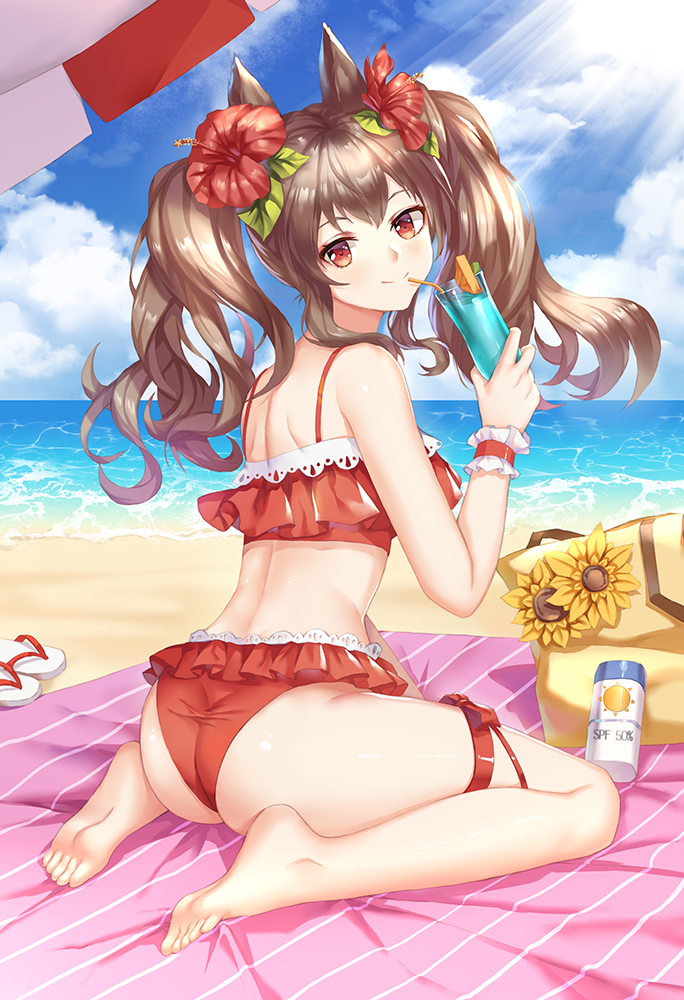 1girl angelina_(arknights) animal_ears arknights ass bangs bare_arms bare_shoulders barefoot beach beach_towel bikini blue_sky brown_hair chinese_commentary clouds commentary_request cup day drinking_straw flower fox_ears hair_flower hair_ornament hand_up head_tilt hibiscus holding holding_cup leaf light_rays long_hair looking_at_viewer no_tail ocean outdoors red_bikini red_eyes red_flower ryuu32 sitting sky smile solo swimsuit thigh_strap thighs towel twintails wariza water wrist_cuffs