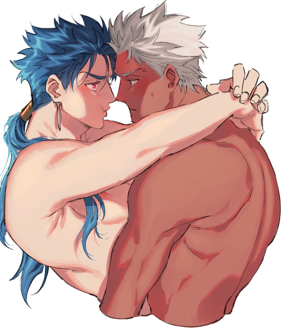 2boys archer arms_around_neck blue_hair brown_eyes couple cropped_torso cu_chulainn_(fate)_(all) dark_skin dark_skinned_male earrings fate/grand_order fate/stay_night fate_(series) jewelry lancer long_hair male_focus multiple_boys muscle ponytail pout red_eyes shirtless sweatdrop tarako_(kubo315) toned toned_male white_background white_hair yaoi