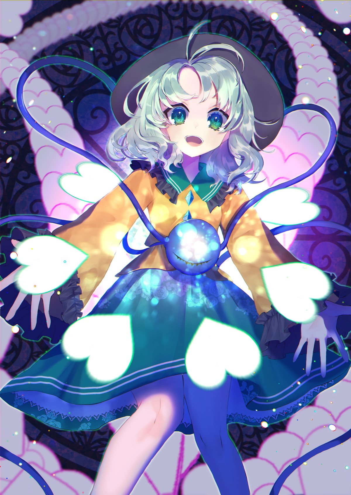 1girl collared_shirt danmaku eyeball feet_out_of_frame floral_print frilled_sleeves frills green_eyes green_hair hat heart highres komeiji_koishi long_sleeves medium_hair open_mouth outstretched_arms shirt skirt smile solo third_eye touhou tsukikusa wide_sleeves yellow_shirt