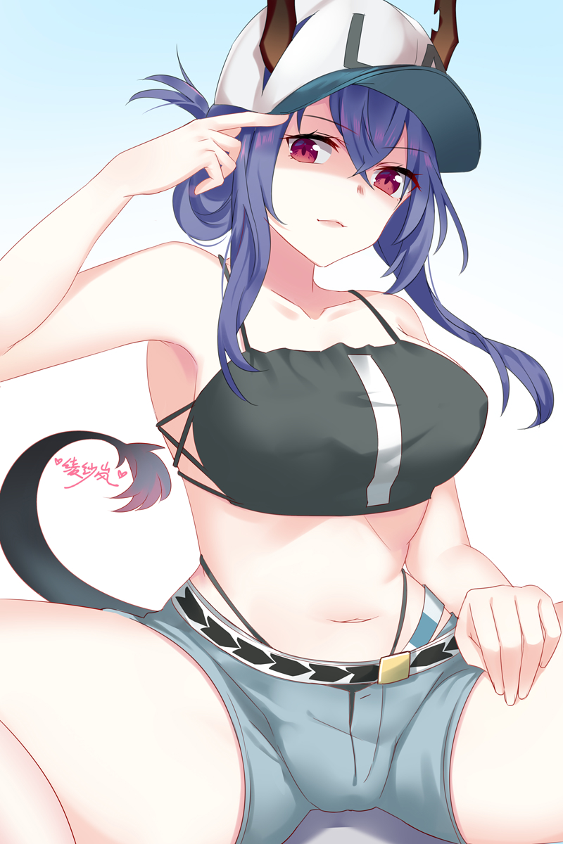 1girl arknights bangs bare_arms bare_shoulders baseball_cap bikini black_bikini blue_background blue_hair breasts ch'en_(arknights) chinese_commentary commentary_request dragon_horns dragon_tail eyebrows_visible_through_hair gradient gradient_background grey_shorts hair_between_eyes hat highres horns horns_through_headwear lanelise large_breasts long_hair looking_at_viewer navel red_eyes short_shorts shorts sidelocks solo spread_legs stomach swimsuit tail thighs white_background white_headwear