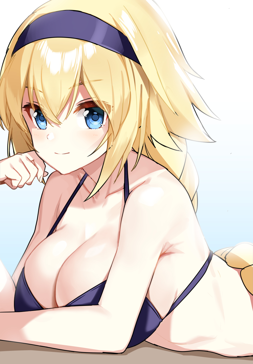 1girl blonde_hair blue_eyes blush braid breasts chin_rest fate/grand_order fate_(series) hair_between_eyes headband highres jeanne_d'arc_(fate) jeanne_d'arc_(fate)_(all) large_breasts long_braid looking_at_viewer lying on_stomach prawnlunchset purple_headband sideboob solo white_background