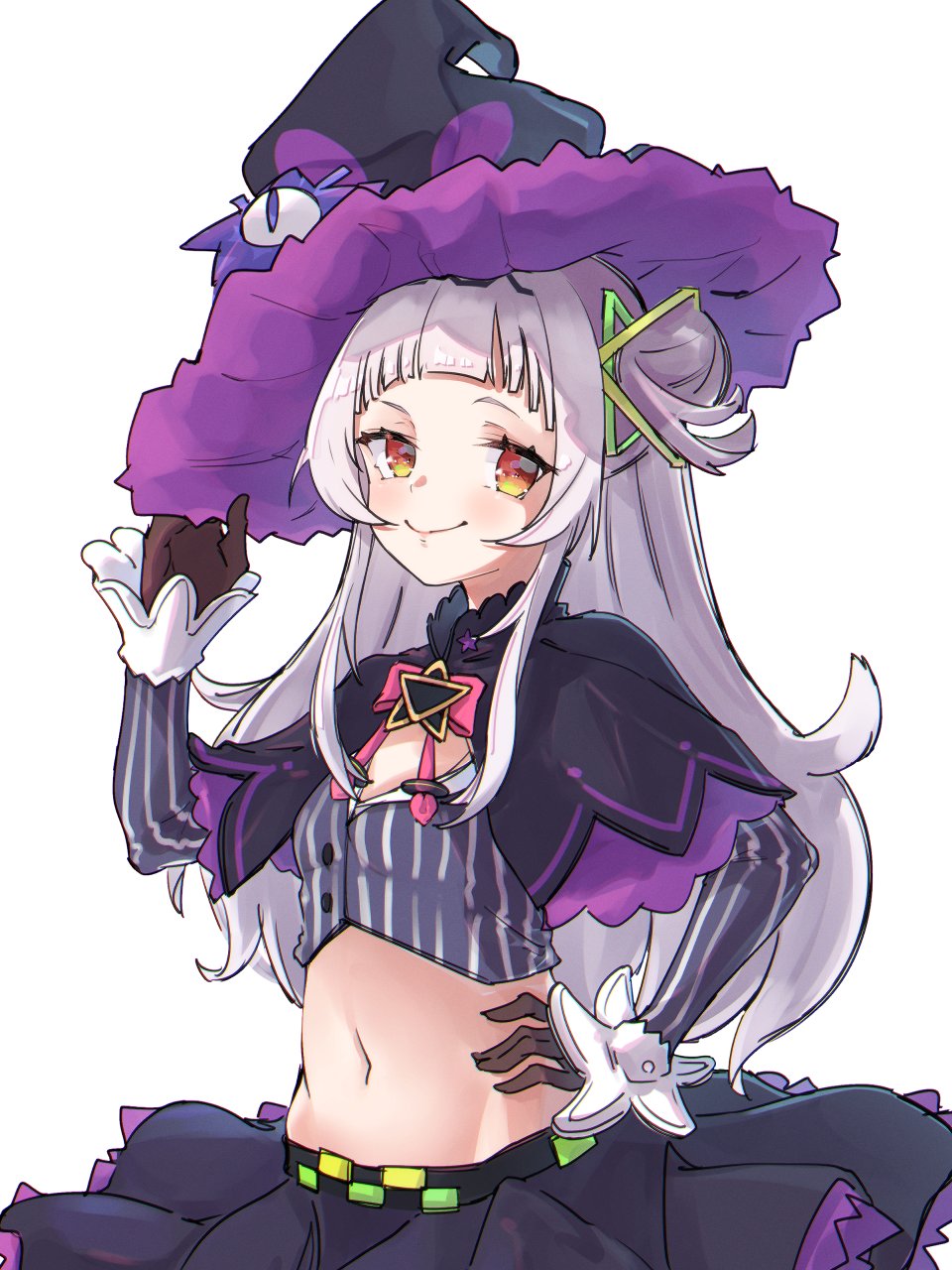 1girl adjusting_clothes adjusting_headwear brown_eyes brown_gloves capelet commentary_request gloves grey_hair hair_bun hand_on_hip hat highres hololive long_hair long_sleeves looking_at_viewer midriff murasaki_shion namaonpa navel simple_background smile solo upper_body virtual_youtuber white_background witch_hat