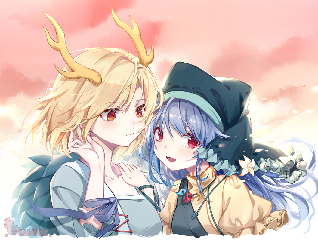 2girls apron arm_ribbon arm_up bangs blonde_hair blue_hair blue_shirt blush commentary_request dragon_horns dress expressionless floating_hair flower fy_fei_xiao_ya gradient_sky green_headwear hand_in_hair hand_on_another's_shoulder haniyasushin_keiki hat hat_flower high_collar hood horns kicchou_yachie long_hair looking_at_another looking_at_viewer magatama magatama_necklace multiple_girls open_mouth puffy_short_sleeves puffy_sleeves red_eyes red_sky ribbon shirt short_hair short_sleeves sky slit_pupils standing swept_bangs touhou turtle_shell upper_body very_long_hair yellow_dress