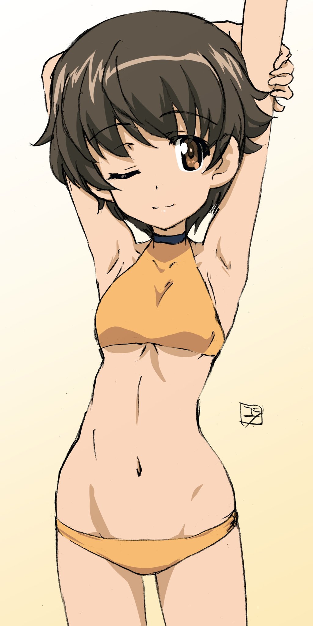 1girl ;) arm_grab arms_behind_head arms_up artist_name bangs bikini breasts brown_eyes brown_hair closed_mouth erakin girls_und_panzer gradient gradient_background groin halterneck highres looking_at_viewer lowleg lowleg_bikini nakajima_(girls_und_panzer) navel one_eye_closed orange_bikini short_hair signature skindentation small_breasts smile solo standing stretch swimsuit traditional_media under_boob yellow_background
