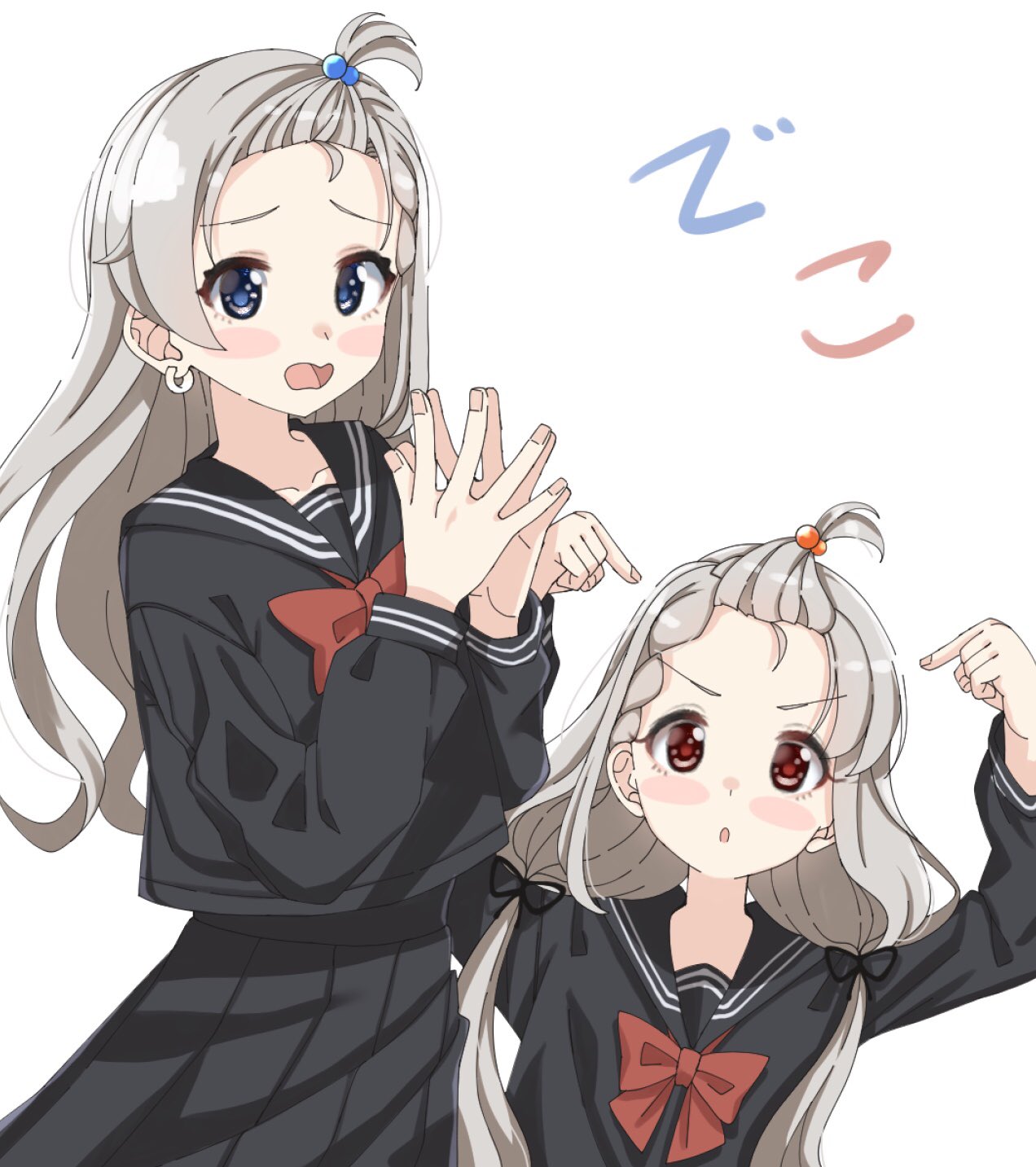 2girls alternate_costume arms_up bangs_pinned_back black_ribbon black_sailor_collar black_serafuku black_shirt black_skirt blue_eyes blush_stickers bow braid brown_eyes commentary_request earrings eyebrows_visible_through_hair grey_hair hair_bobbles hair_ornament hair_ribbon hands_up highres hisakawa_hayate hisakawa_nagi idolmaster idolmaster_cinderella_girls idolmaster_cinderella_girls_starlight_stage jewelry long_hair long_sleeves looking_at_viewer low_twintails multiple_girls open_mouth parted_lips pleated_skirt pointing pointing_at_self red_bow ribbon sailor_collar school_uniform serafuku shirt shiwa_(siwaa0419) siblings simple_background sisters skirt steepled_fingers translation_request twins twintails v-shaped_eyebrows very_long_hair wavy_mouth white_background