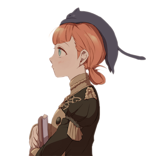 1girl annette_fantine_dominic book cat fire_emblem fire_emblem:_three_houses garreg_mach_monastery_uniform green_eyes holding holding_book long_sleeves lowres orange_hair simple_background solo sooon103 uniform upper_body white_background