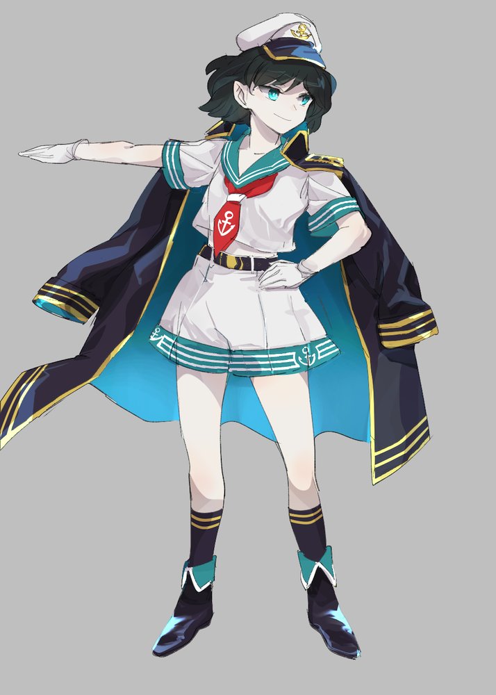 1girl :/ anchor_symbol belt black_belt black_footwear black_hair blush boots breasts buckle chamaruku coat coat_on_shoulders collarbone commentary_request eyelashes gloves gold_trim green_eyes grey_background hand_on_hip hat knees long_sleeves looking_to_the_side murasa_minamitsu red_neckwear sailor_collar sailor_hat sailor_shirt shirt short_hair short_sleeves shorts shoulder_pads simple_background small_breasts smile socks solo standing touhou touhou_gouyoku_ibun white_gloves white_shorts