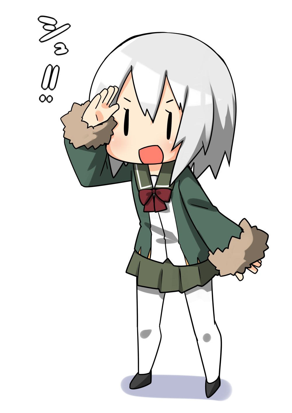 1girl bangs blush chibi fur_trim green_jacket green_sailor_collar green_skirt highres jacket kantai_collection long_sleeves nassukun open_mouth pantyhose pleated_skirt red_neckwear sailor_collar salute school_uniform shimushu_(kantai_collection) short_hair silver_hair simple_background skirt solo standing white_background white_legwear