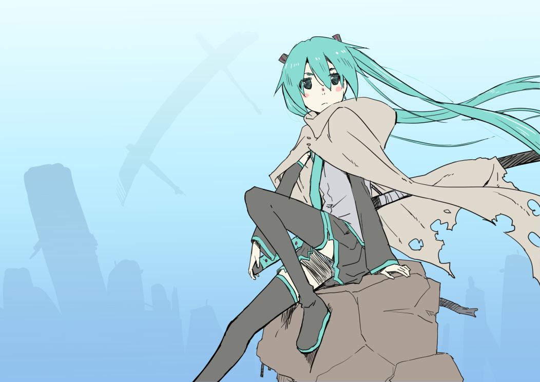 1girl aqua_hair aqua_neckwear bare_shoulders black_legwear black_skirt black_sleeves blue_sky blush_stickers boots building cloak commentary detached_sleeves expressionless grey_shirt hair_ornament hatsune_miku long_hair miniskirt necktie pleated_skirt ruins shirt silhouette sitting skirt sky sleeveless sleeveless_shirt solo tasuke thigh-highs thigh_boots torn_cloak torn_clothes twintails very_long_hair vocaloid