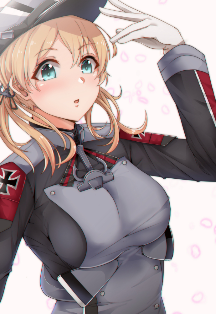 1girl aqua_eyes bangs blonde_hair blush eyebrows_visible_through_hair gloves grey_headwear hair_ornament hand_up hat iron_cross jewelry kantai_collection long_hair long_sleeves military military_hat military_uniform open_mouth parted_lips petals prinz_eugen_(kantai_collection) shohei_(piranha5hk) simple_background solo uniform white_background white_gloves