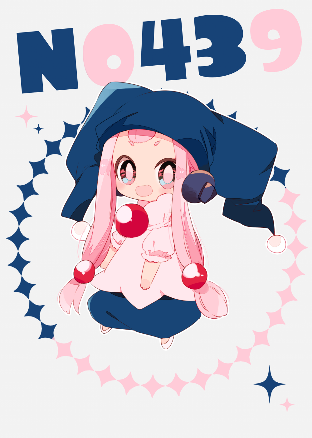 1girl blue_headwear blue_pants child female_child hair_bobbles hair_ornament hat highres jester_cap long_hair mime_jr. open_mouth pants personification pink_eyes pink_hair pokemon puffy_sleeves shirt solo thick_eyebrows white_footwear white_shirt yuzu_ichika