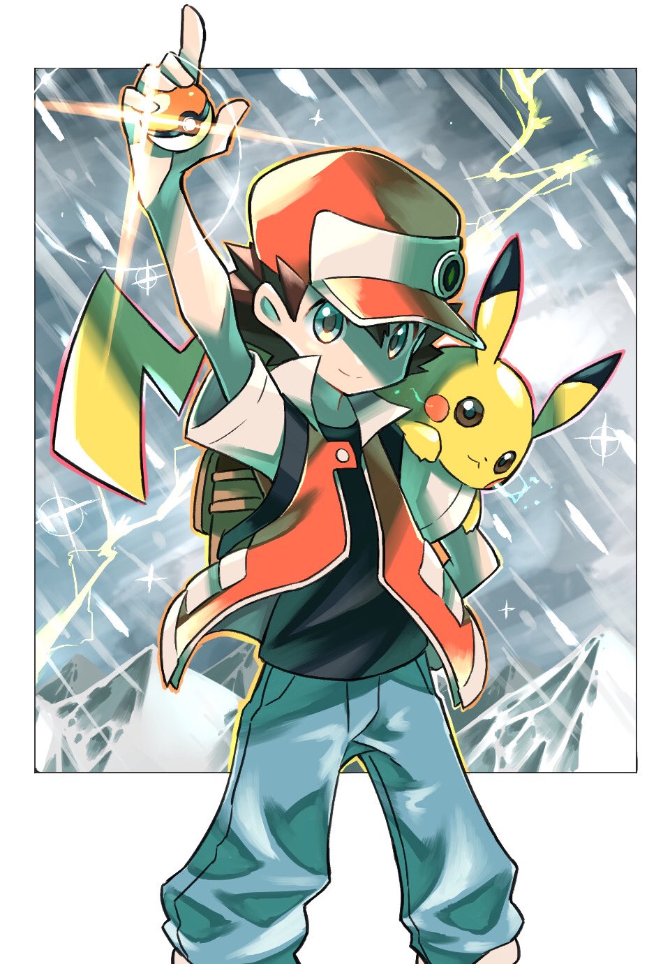 1boy arm_up backpack badge bag bangs baseball_cap black_shirt brown_hair closed_mouth commentary_request gen_1_pokemon glint hair_between_eyes hat highres holding holding_poke_ball hyou_(hyouga617) jacket pants pikachu poke_ball pokemon pokemon_(creature) pokemon_(game) pokemon_on_arm pokemon_rgby red_(pokemon) shirt short_sleeves smile two-tone_headwear