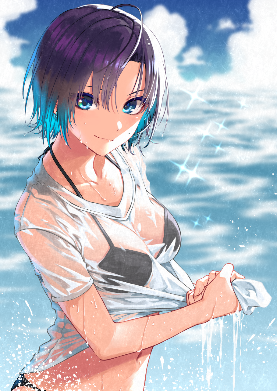 1girl ahoge aisu_reizou aqua_hair asakura_tooru bangs bikini bikini_under_clothes black_bikini blue_eyes blurry blurry_background breasts closed_mouth collarbone commentary_request day earrings eyebrows_visible_through_hair fingernails from_side gradient_hair hair_between_eyes halter_top halterneck hands_up highres idolmaster idolmaster_shiny_colors jewelry lifted_by_self looking_at_viewer looking_to_the_side medium_breasts multicolored_hair navel ocean outdoors parted_bangs purple_hair see-through shiny shiny_hair shirt shirt_lift short_hair short_sleeves smile solo sparkle standing stomach swimsuit two-tone_hair upper_body water water_drop wet wet_clothes wet_hair wet_shirt white_shirt wringing_clothes