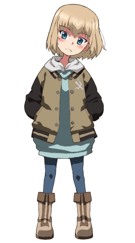 1girl bangs blonde_hair blue_dress blue_eyes blue_legwear boots brown_footwear brown_jacket casual closed_mouth commentary dress emblem eyebrows_visible_through_hair fang full_body girls_und_panzer hands_in_pockets head_tilt hood hood_down hoodie jacket katyusha_(girls_und_panzer) kayabakoro letterman_jacket light_blush light_frown looking_at_viewer medium_dress open_clothes open_jacket pantyhose pravda_(emblem) short_hair simple_background solo standing white_background