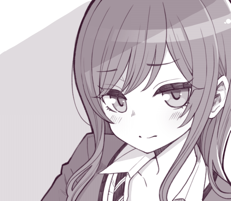 1girl blush closed_mouth collarbone collared_shirt eyebrows_visible_through_hair face from_side greyscale hanauna idolmaster idolmaster_shiny_colors jitome long_hair looking_at_viewer loose_necktie monochrome necktie oosaki_amana portrait school_uniform shade shirt sidelocks simple_background solo thick_outlines
