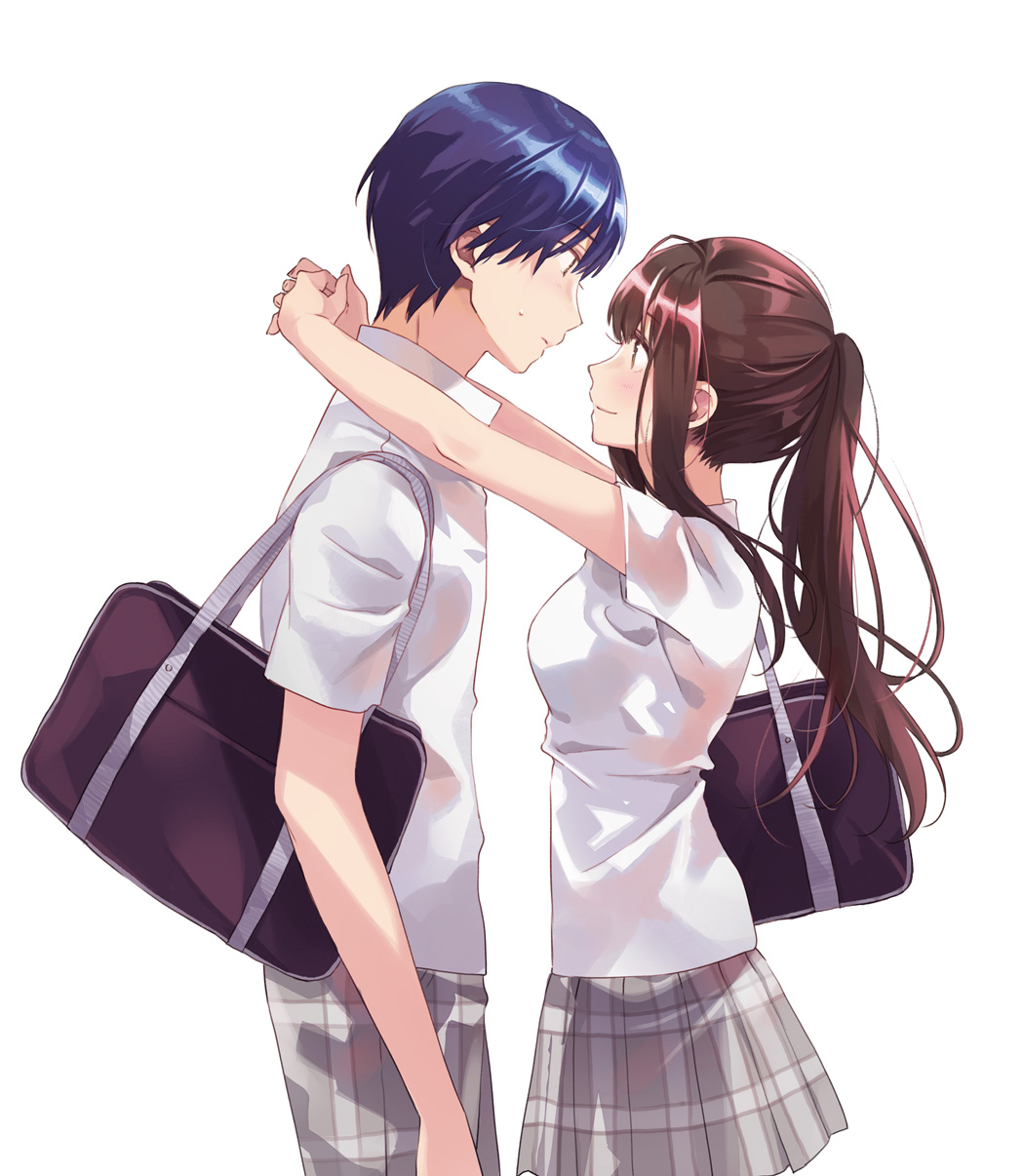 1boy 1girl bag bangs blush breasts brown_eyes brown_hair character_request closed_mouth copyright_request cover_image cowboy_shot eye_contact face-to-face fly_(marguerite) from_side grey_skirt hetero highres long_hair looking_at_another medium_breasts miniskirt novel_illustration official_art outstretched_arms plaid plaid_skirt ponytail profile school_bag school_uniform shirt short_sleeves shoulder_bag sidelocks simple_background skirt smile textless untucked_shirt white_background white_shirt