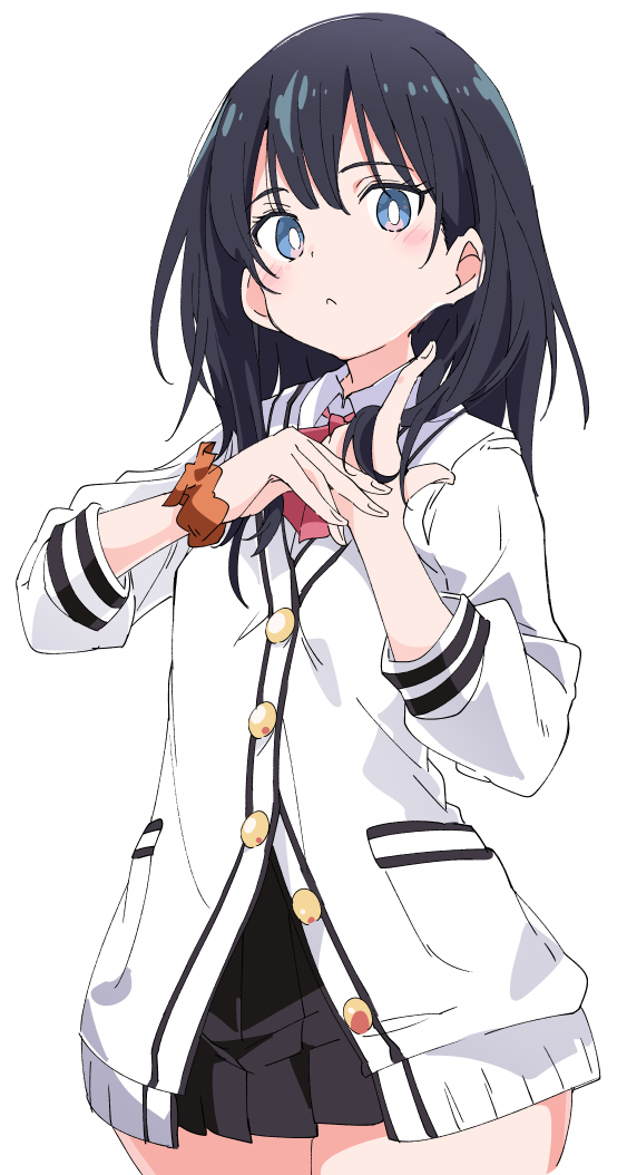 1girl black_hair blue_eyes cardigan closed_mouth holding holding_hair ixy long_hair long_sleeves looking_at_viewer orange_scrunchie scrunchie simple_background solo ssss.gridman takarada_rikka thighs white_background white_cardigan wrist_scrunchie