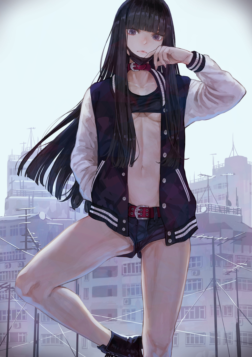 1girl adjusting_mask bangs belt black_hair blunt_bangs breasts camisole cityscape collar day hand_in_pocket highres jacket letterman_jacket long_hair looking_at_viewer mask mouth_mask open_clothes open_jacket original outdoors panties panty_peek short_shorts shorts solo standing standing_on_one_leg surgical_mask under_boob underwear vignetting violet_eyes white_panties yasukura_(shibu11)