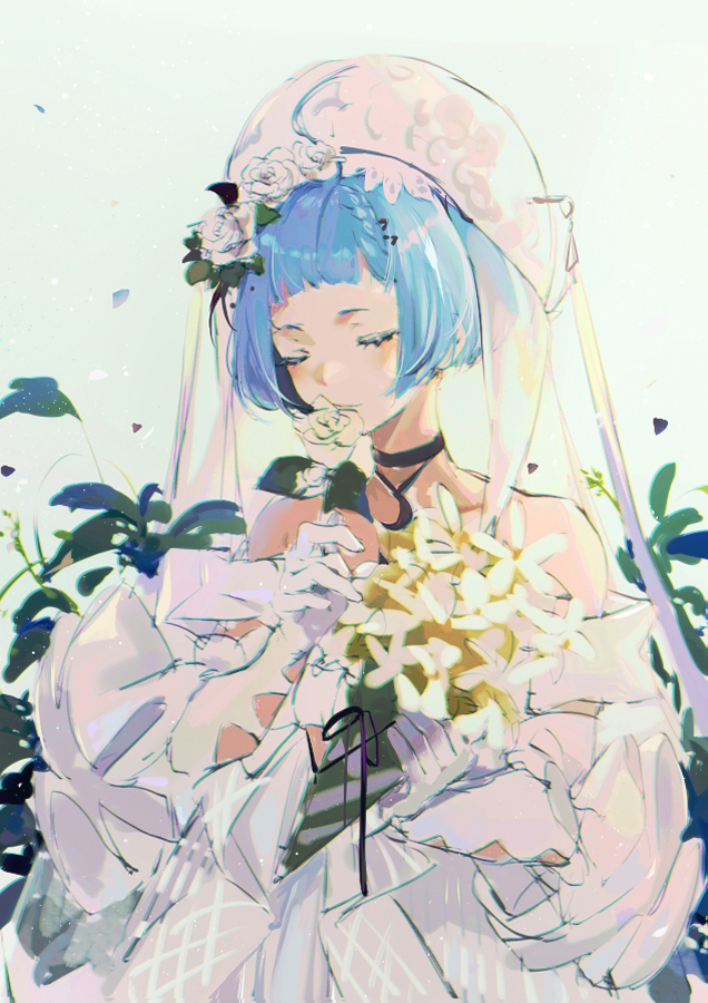 alternate_costume bangs bare_shoulders blue_hair bridal_veil choker closed_eyes dress elbow_gloves eyebrows flower girls_frontline gloves hair_flower hair_ornament mamemena short_hair veil wedding_dress white_gloves zas_m21_(girls_frontline)