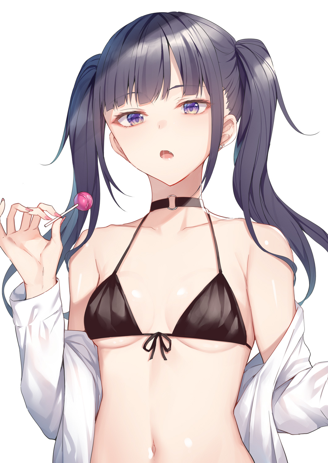 1girl alexmaster bare_shoulders bikini bikini_top black_bikini black_choker black_hair breasts candy choker collarbone fang food front-tie_bikini front-tie_top halterneck highres holding lollipop long_hair long_sleeves looking_at_viewer navel off_shoulder open_clothes open_mouth open_shirt original shirt sidelocks simple_background small_breasts solo stomach string_bikini swimsuit twintails upper_body violet_eyes white_background white_shirt