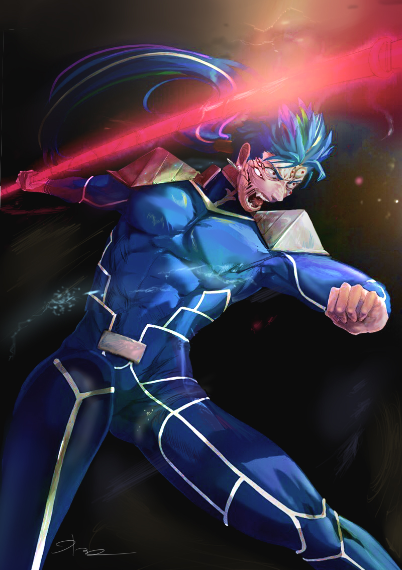1boy abs angry armor bloodshot_eyes blue_hair bodysuit cu_chulainn_(fate)_(all) earrings extra_eyes fangs fate/stay_night fate_(series) gae_bolg glowing glowing_weapon holding holding_weapon jewelry lancer long_hair muscle open_mouth pauldrons ponytail red_eyes shoulder_armor signature simple_background skin_tight solo spiky_hair sutocking throwing type-moon weapon