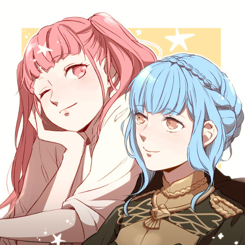 2girls blue_hair braid brown_eyes closed_mouth crown_braid cute fire_emblem fire_emblem:_three_houses fire_emblem:_three_houses fire_emblem_16 garreg_mach_monastery_uniform hilda_valentine_goneril intelligent_systems long_hair lowres marianne_von_edmund multiple_girls nintendo one_eye_closed pink_eyes pink_hair smile sooon103 twintails uniform upper_body yuri