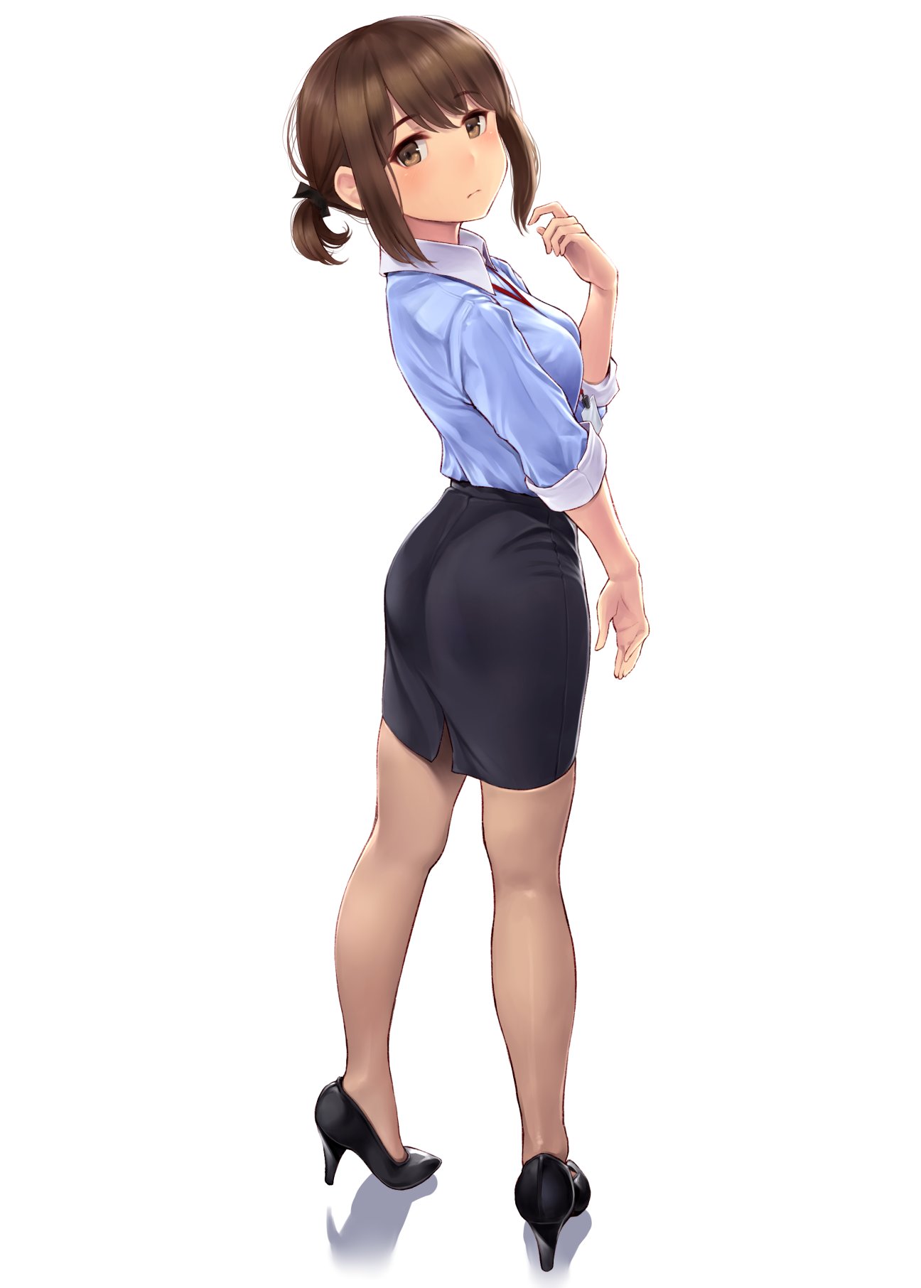 1girl ass bangs black_footwear black_ribbon blue_shirt borrowed_character breasts brown_eyes brown_hair commentary_request douki-chan_(yomu_(sgt_epper)) from_side full_body ganbare_douki-chan hair_ribbon high_heels highres id_card looking_at_viewer medium_breasts medium_hair office_lady pantyhose ribbon shirt short_ponytail sidelocks skirt sleeves_rolled_up solo wa_(genryusui) white_background