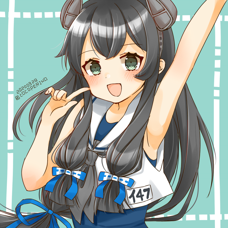1girl black_hair cocoperino commentary_request crop_top dated green_background green_eyes grey_neckwear hair_ribbon headgear i-47_(kantai_collection) index_finger_raised kantai_collection long_hair looking_at_viewer low-tied_long_hair neckerchief ribbon sailor_collar sailor_shirt school_swimsuit shirt sidelocks sleeveless sleeveless_shirt smile solo swimsuit tress_ribbon twitter_username white_sailor_collar