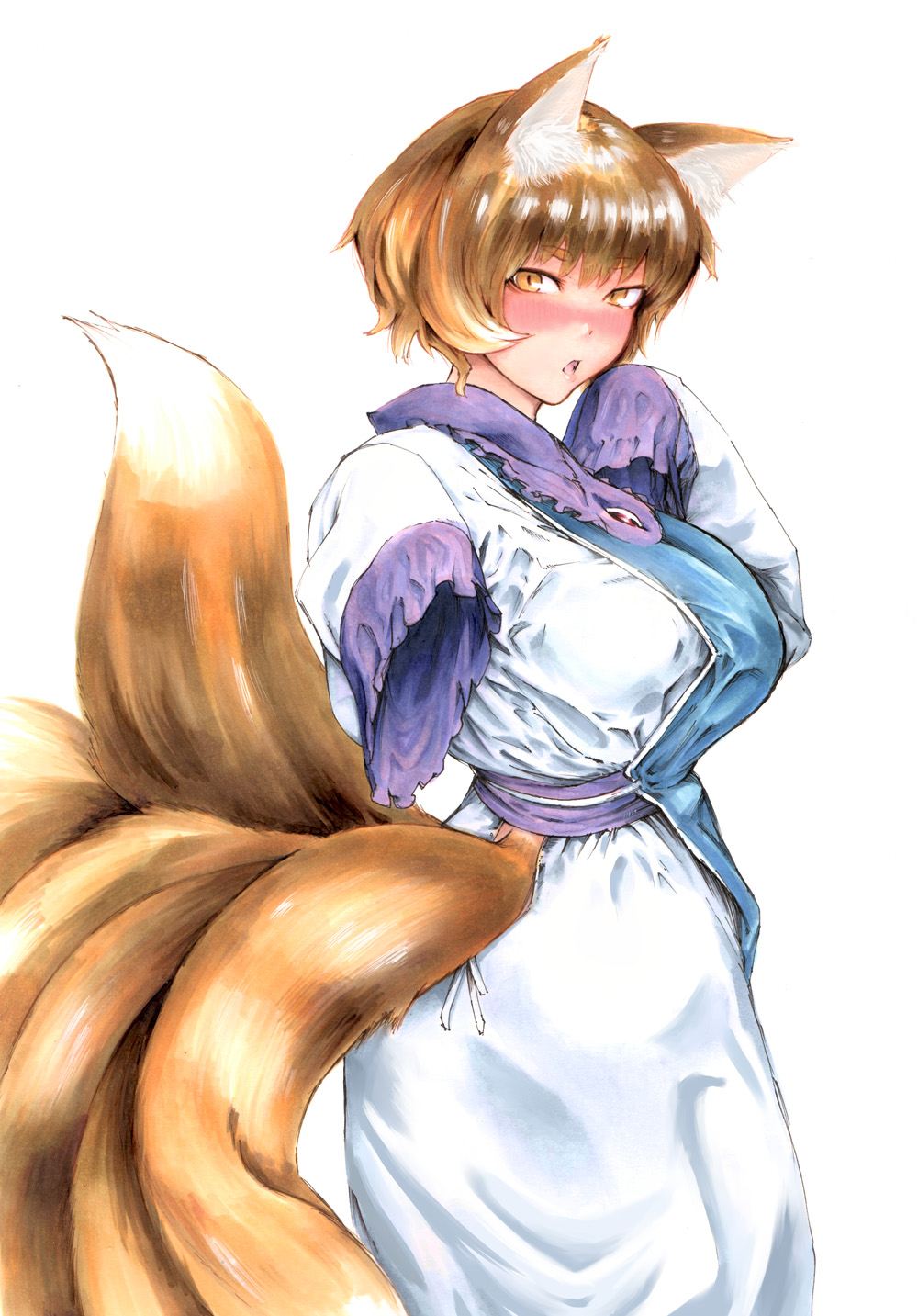 1girl akuroporisu animal_ears bangs blonde_hair dress fox_ears fox_tail frills highres long_sleeves multiple_tails no_hat no_headwear open_mouth short_hair simple_background sleeves_past_fingers sleeves_past_wrists slit_pupils solo tabard tail touhou white_background white_dress yakumo_ran yellow_eyes