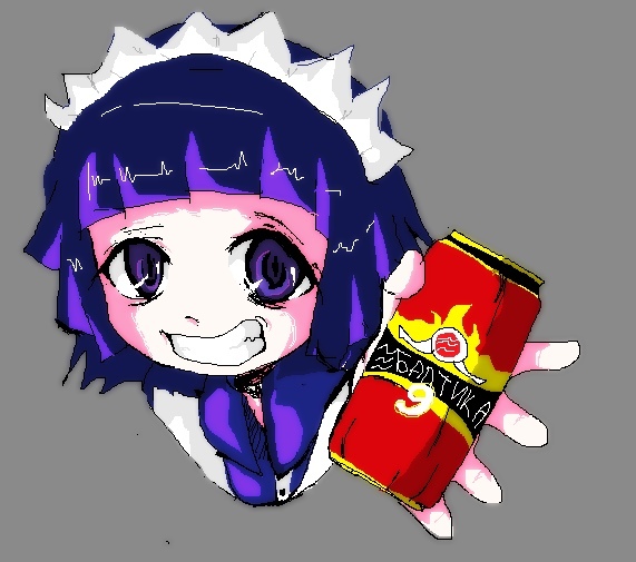 1girl alcohol beer_can can looking_at_viewer maid maid_headdress medium_hair purple_hair simple_background smile violet_eyes