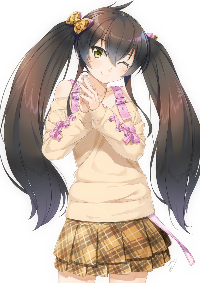 1girl animal_print bare_shoulders black_hair bow brown_bow brown_shirt brown_skirt collarbone commentary_request hair_bow hands_together hands_up idolmaster idolmaster_cinderella_girls layered_skirt leopard_print long_hair long_sleeves matoba_risa miri_(ago550421) off-shoulder_shirt off_shoulder own_hands_together pink_bow plaid plaid_skirt pleated_skirt print_bow puffy_long_sleeves puffy_sleeves shirt simple_background skirt sleeves_past_wrists solo twintails very_long_hair white_background