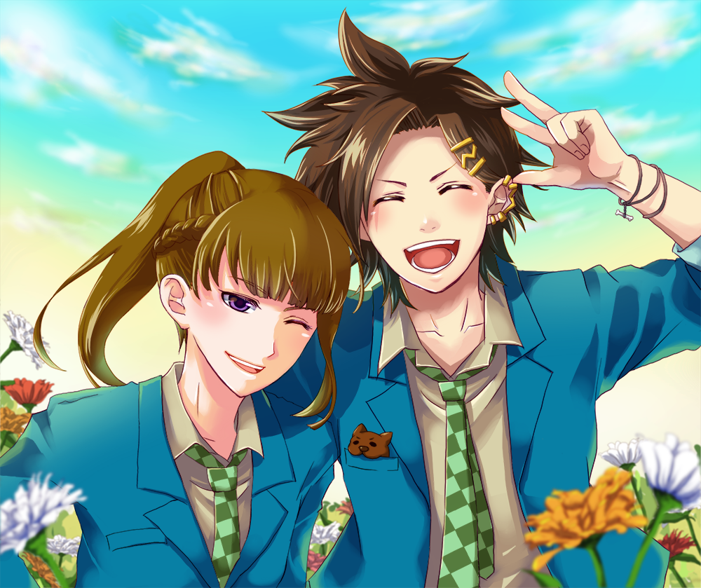 1boy 1girl :d ;) bangs blue_jacket blue_sky blunt_bangs braid brown_hair chidouin_sara closed_eyes day ear_piercing flower green_neckwear hair_ornament hairclip hamster hisayo_pic jacket kimi_ga_shine long_hair necktie one_eye_closed open_mouth outdoors piercing ponytail school_uniform sky smile spiky_hair tazuna_joe upper_body