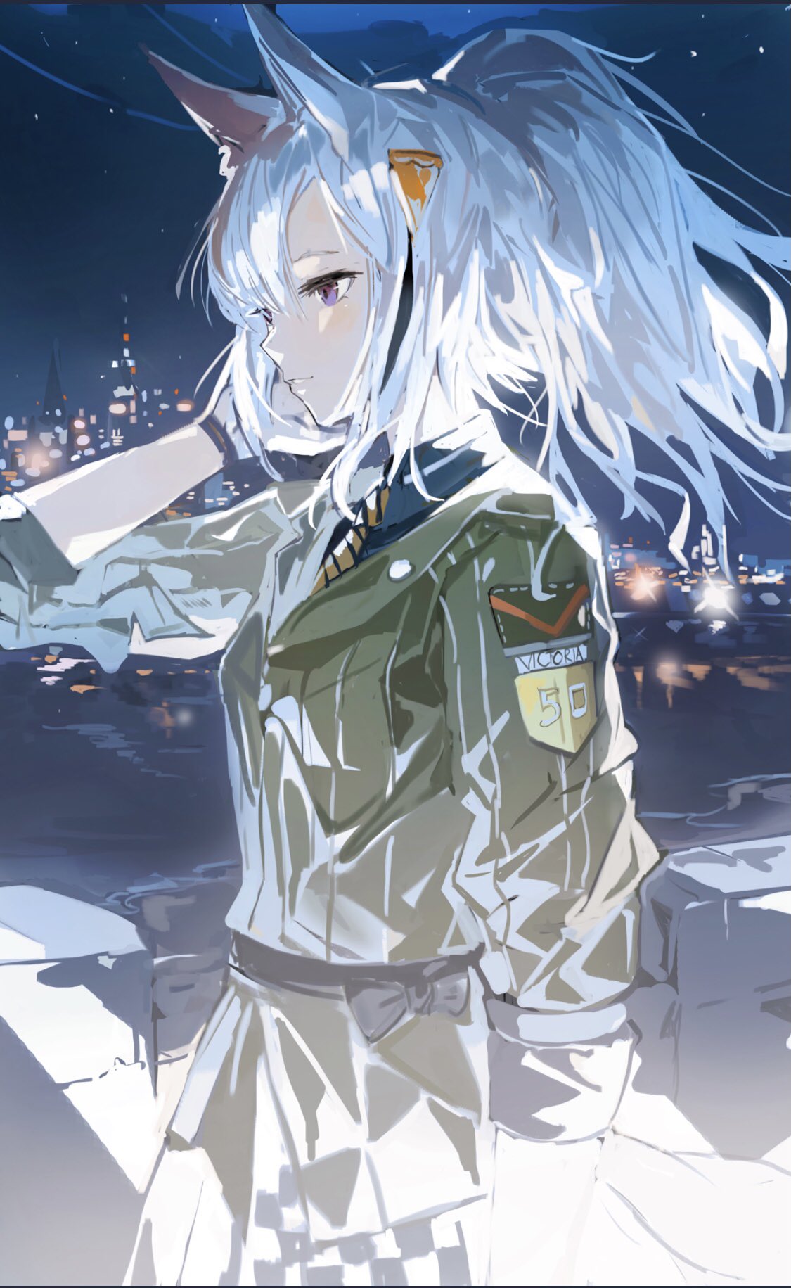 1girl alchemaniac animal_ears arknights bangs cityscape commentary cowboy_shot dress grani_(arknights) grey_dress highres long_hair long_sleeves night night_sky outdoors parted_lips silver_hair sky solo symbol_commentary violet_eyes