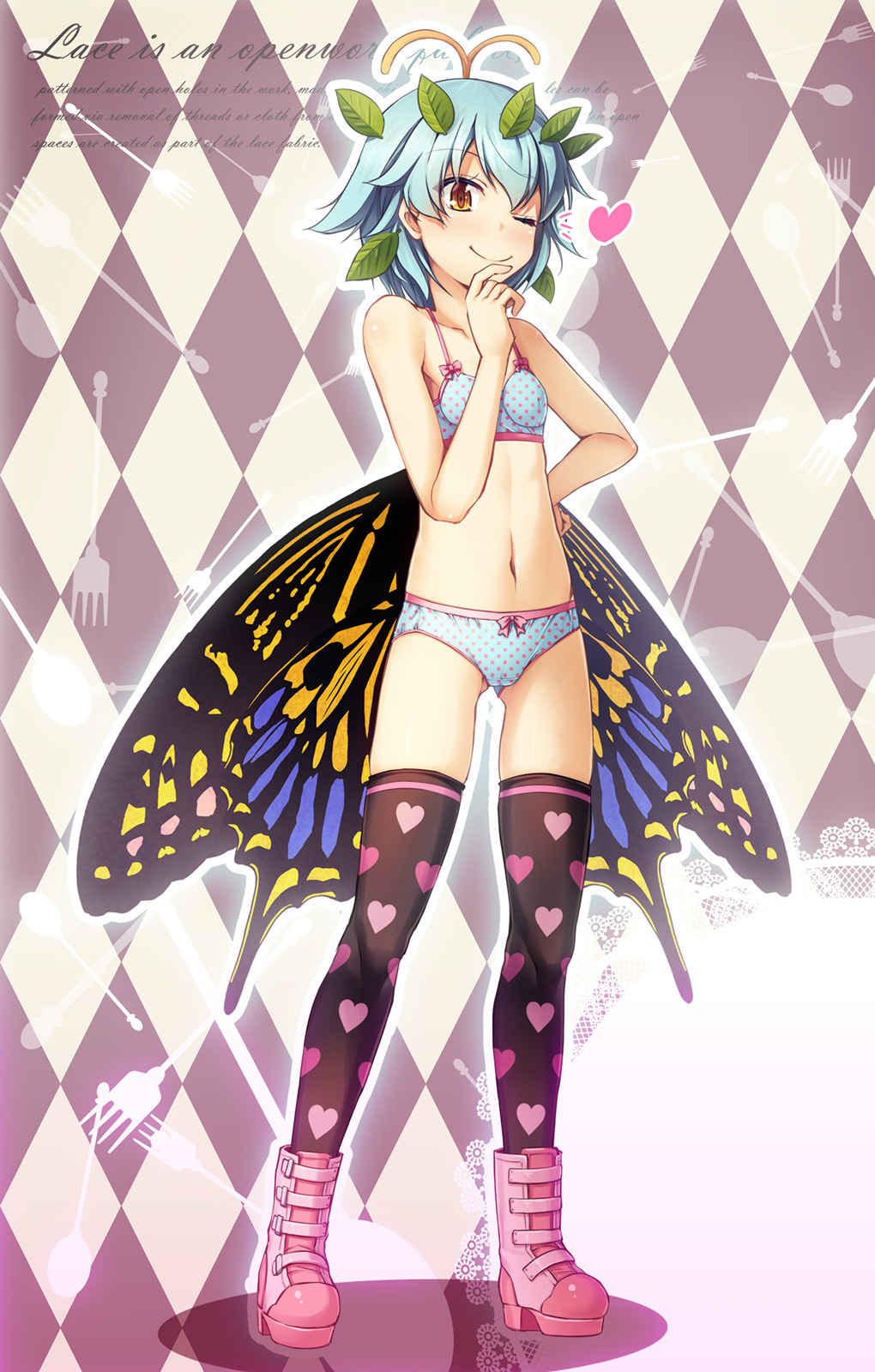 1girl antennae bare_arms bare_shoulders black_legwear black_wings blue_bra blue_hair blue_panties boots bra breasts brown_eyes butterfly_wings chima_q eternity_larva full_body heart heart_print highres leaf leaf_on_head navel panties pink_footwear polka_dot polka_dot_bra polka_dot_panties small_breasts solo standing stomach thigh-highs touhou underwear underwear_only wings