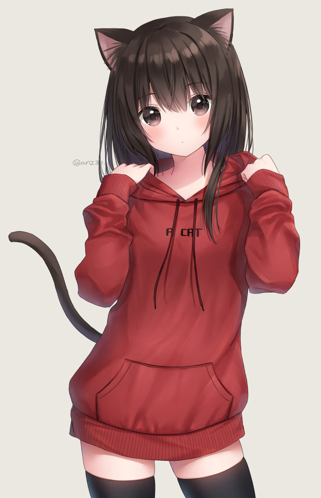 1girl animal_ear_fluff animal_ears anz32 bangs black_legwear blush breasts brown_eyes brown_hair cat_ears cat_girl cat_tail closed_mouth clothes_writing commentary_request drawstring eyebrows_visible_through_hair grey_background hair_between_eyes hands_up hood hood_down hoodie long_hair long_sleeves looking_at_viewer original red_hood sleeves_past_wrists small_breasts solo standing tail thigh-highs twitter_username