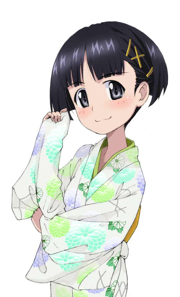 1girl :3 adjusting_hair alternate_hairstyle bangs black_eyes black_hair blunt_bangs blunt_ends blush bob_cut eyebrows_visible_through_hair floral_print girls_und_panzer hair_ornament hairclip japanese_clothes kayabakoro kimono looking_at_viewer shiny shiny_hair short_hair smile sono_midoriko white_background wide_sleeves yukata