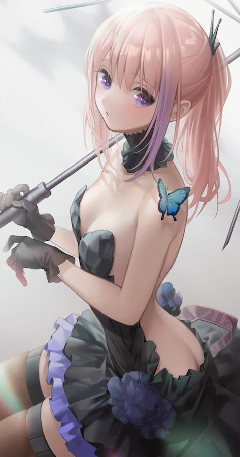 1girl alternate_costume alternate_hairstyle ass backless_dress backless_outfit bangs black_dress black_gloves black_legwear blue_butterfly blush breasts bug butterfly closed_mouth dress frilled_dress frills girls_frontline gloves gradient_hair holding holding_umbrella insect long_hair multicolored_hair pink_hair ponytail purple_hair small_breasts solo st_ar-15_(girls_frontline) strapless strapless_dress thigh-highs umbrella urano_ura violet_eyes