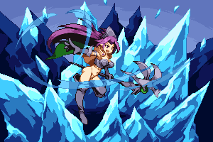 1girl armor bikini_armor black_footwear black_gloves boots cape elbow_gloves gloves headgear holding holding_staff holding_weapon ice icicle long_hair lowres magus_(seiken_densetsu_3) open_mouth pixel_art pointy_ears purple_hair seiken_densetsu seiken_densetsu_3 solo staff thigh-highs thigh_boots warabin_(suteki_denpun) weapon