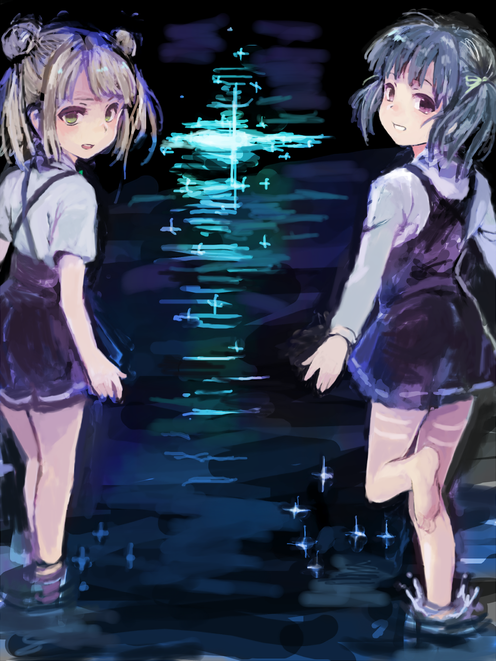 2girls barefoot bioluminescence black_dress black_skirt double_bun dress from_behind green_eyes grey_hair hair_ribbon head_tilt highres kantai_collection leg_up light_brown_hair long_sleeves michishio_(kantai_collection) multiple_girls ooshio_(kantai_collection) open_mouth outdoors partially_submerged pinafore_dress remodel_(kantai_collection) ribbon shirt short_hair short_sleeves short_twintails skirt smile sowamame sparkle suspender_skirt suspenders twintails water white_shirt