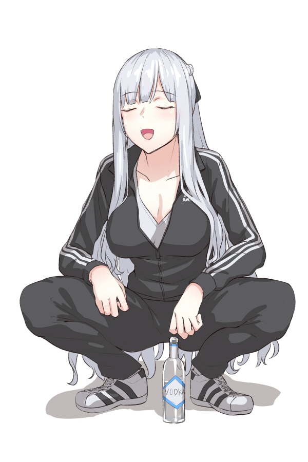1girl ak-12_(girls_frontline) alcohol bangs blush breasts closed_eyes collarbone crop_top eyebrows_visible_through_hair girls_frontline kageshio_(276006) large_breasts long_hair open_mouth shoes sidelocks silver_hair sneakers solo squatting track_suit very_long_hair vodka white_background zipper_pull_tab