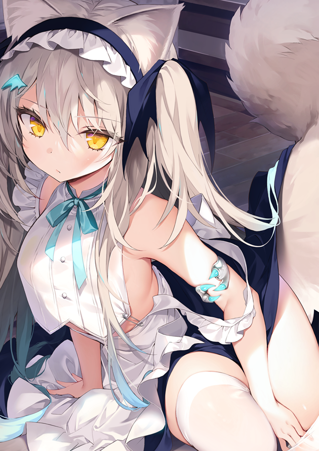 1girl animal_ears apron arm_support bare_shoulders byulzzi copyright_request expressionless fox_ears fox_girl fox_tail hair_ornament headdress large_tail long_hair maid maid_apron maid_headdress revealing_clothes shirt silver_hair sitting sleeveless sleeveless_shirt solo tail thigh-highs thighs two_side_up waist_apron white_legwear white_shirt yellow_eyes zettai_ryouiki