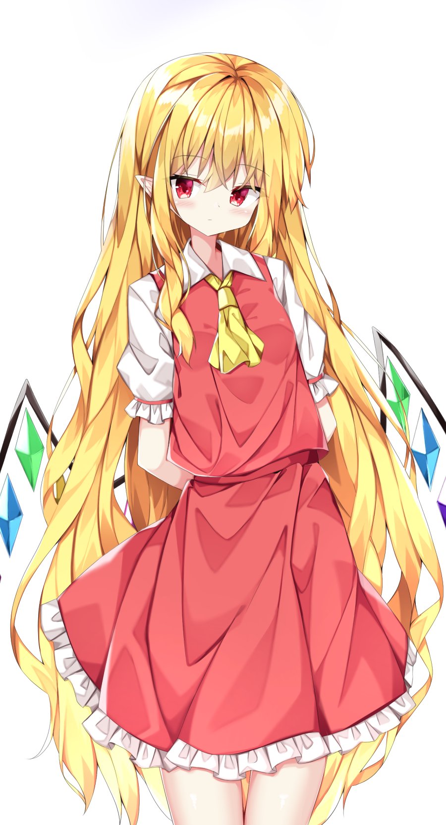 1girl alternate_hair_length alternate_hairstyle arms_behind_back ascot blonde_hair blush closed_mouth collared_shirt cowboy_shot flandre_scarlet frilled_skirt frilled_sleeves frills hair_between_eyes highres long_hair multicolored_wings no_headwear pointy_ears puffy_short_sleeves puffy_sleeves red_eyes red_skirt red_vest sabana shiny shiny_hair shirt short_sleeves simple_background skirt skirt_set solo touhou very_long_hair vest white_background white_shirt wings yellow_ascot